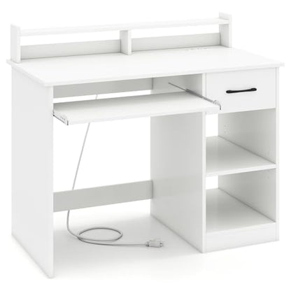 Giantex White Desk with Drawers, Modern Home Office Desk with Keyboard Tray, Monitor Stand & Adjustable Shelf, PC Laptop Table Computer Workstation, Study Writing Desk for Small Spaces, Bedroom
