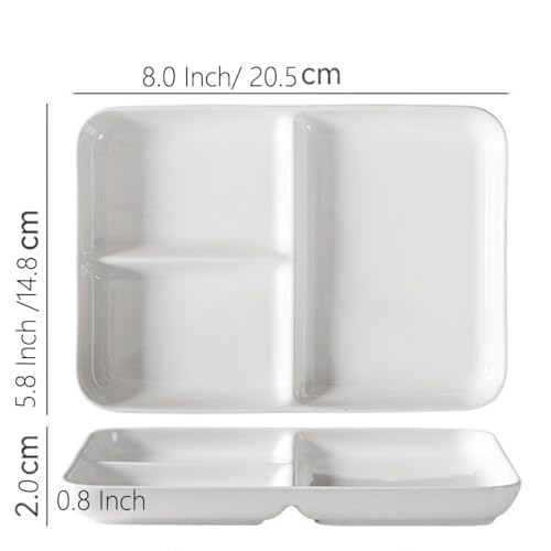 White Porcelain Dinner Plates for Adults Portion Control Balanced Meal Building Divided Plate 3 Compartment Plates With Dividers - Microwave And Dishwasher Safe - size: 8.0x5.8 Inch