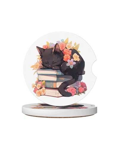Car Cup Holder Coasters, 2 Pcs Ceramic Coasters with Cork Back and Finger Slot, Anti-Slip Shock Absorbing Women and Men Universal Car Accessories - Cat Floral - color: Cat Floral