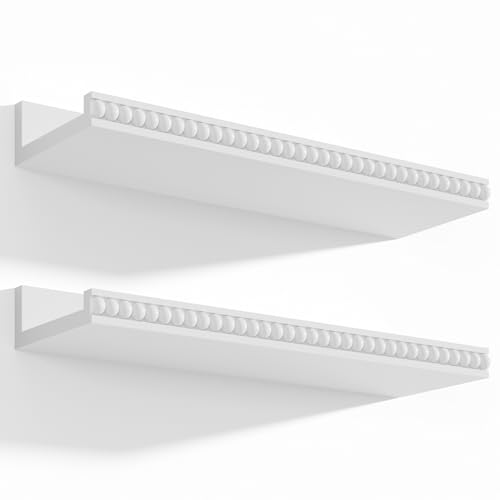 Alsonerbay White Floating Shelves Wall Mounted Set of 2, 15.7 Inch Modern White Shelves with Lip, Wood Wall Shelves with Wooden Beads for Bathroom Bedroom Living Room Nursery and More