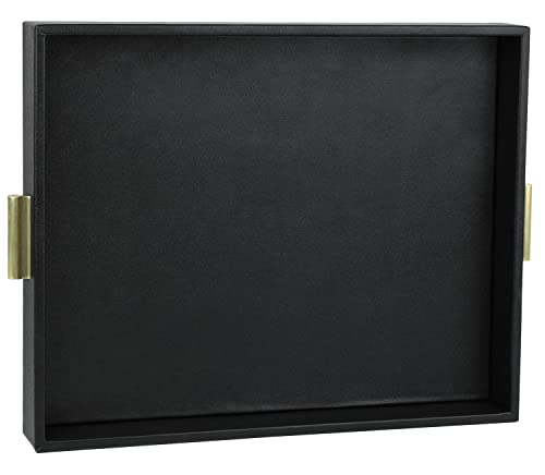 HofferRuffer Extra Large Serving Tray with Handles, Elegant Faux Leather Storage Decorative Tray for Coffee Table, Ottoman, Console Table, 20 x 16 x 2.2 inches (Black Tray+Golden Handle) - color: Black Tray+golden Handle, size: 20" x 16" x 2.2"