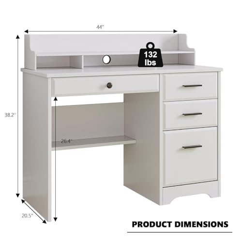 MaverickFurni White Desk with Drawers, Small Computer Desk with Drawers for Writing Study, Office Desk with File Drawer and Monitor Stand for Bedroom, Small Spaces - color: White
