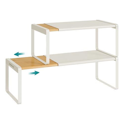 SONGMICS HOME Spice Racks, Expandable Cupboard Shelf Orgnizers, Kitchen Counter Shelves, Bamboo and Metal, Space-Saving Shelving, Stackable, Light Bamboo and Cream White UKCS051N01 - color: Light Bamboo + Cream White, size: 2 Pack