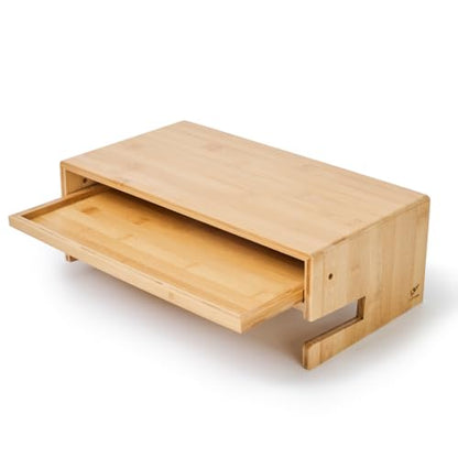 Wood Monitor Stand Riser Organizer for Desk Top with Storage Drawer & Phone Holder,Bamboo Monitor Stand with Keyboard Tray, Non Slip Desk Riser, Desk stand for computer monitor
