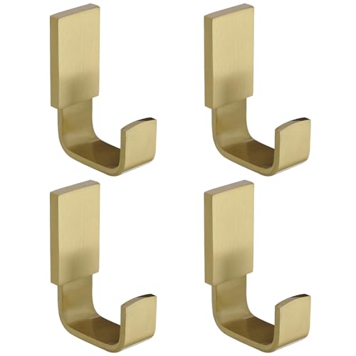 BESy Brass Clothes Hook Single Towel Hook for Bathroom Kitchen Garage Square Style Robe Hooks Coat and Hat Hook, Wall Mounted with Screws, Four Packs, Brushed Gold - color: Brushed Gold, size: 4 Pack