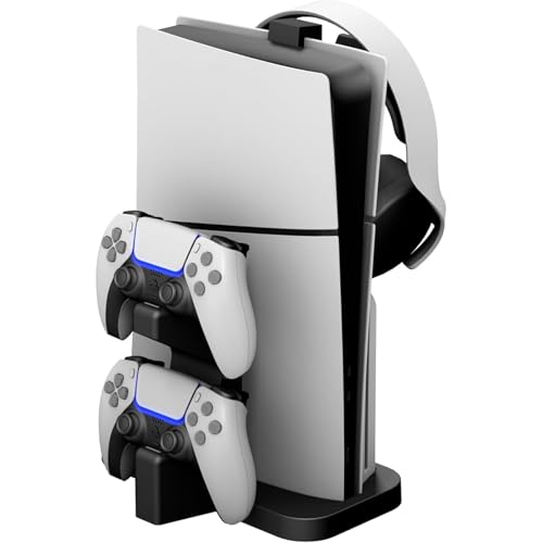 NBCP PS5 Slim Vertical Stand with Dual Controller Charger and LED Indicators for PlayStation 5 Slim Disc & Digital Editions, Includes Headset Holder, Storage Accessory Stand for PS5 Slim, Black - color: Black
