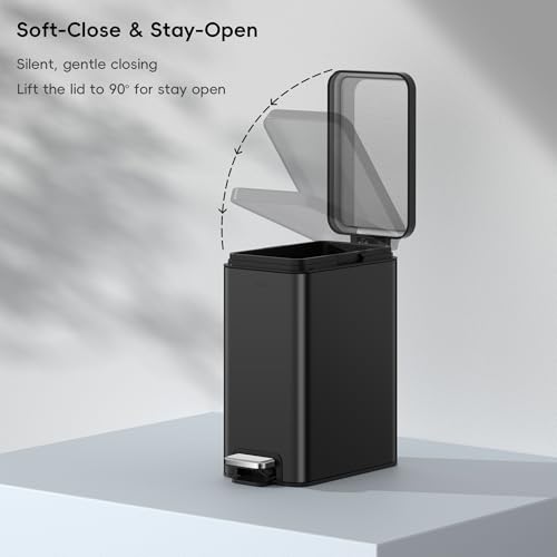 EKO Small Bathroom Trash Can with Lid Soft Close, Step Pedal, 6 Liter / 1.6 Gallon Stainless Steel Garbage Can with Removable Inner Bucket, Anti-Fingerprint Finish (Matte Black) - color: Matte Black, size: 6L