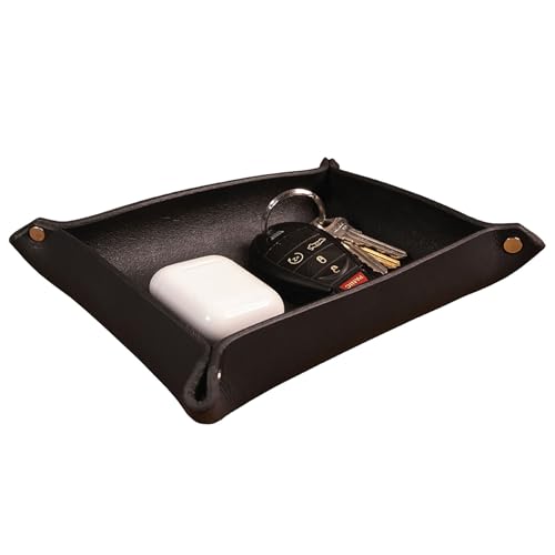 Valet Tray – Full-Grain Leather Catchall Organizer for Keys, Phone & Wallet – Rustic Nightstand & Desk Tray with Raised Sides – Handmade in USA (Black, Small Rectangle) - color: Black, size: Small Rectangle