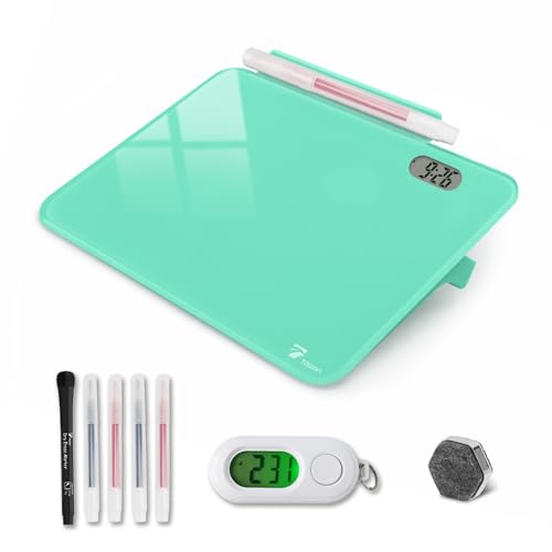 Small Glass Desk Whiteboard Dry-Erase Board with Clock, Small Travel Clock Keychain with Desk Notepad, Time Table Whiteboard for Desk Digital LED Light Display, 8x6 in with Accessories, Turquoise - color: Turquoise With Clock