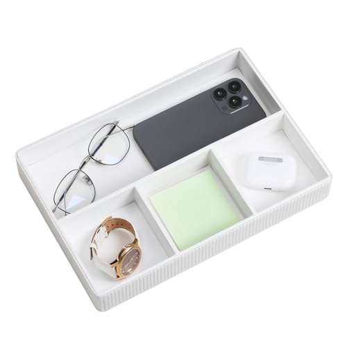 PU Leather Valet Tray, Decorative Trinket Vanity Desk Drawer Organizer Tray, Perfume Dish Catch All Bowl for Keys, Nightstand Drawer Organizer Women Men with 4 Compartments (Cream-White) - color: Cream-white