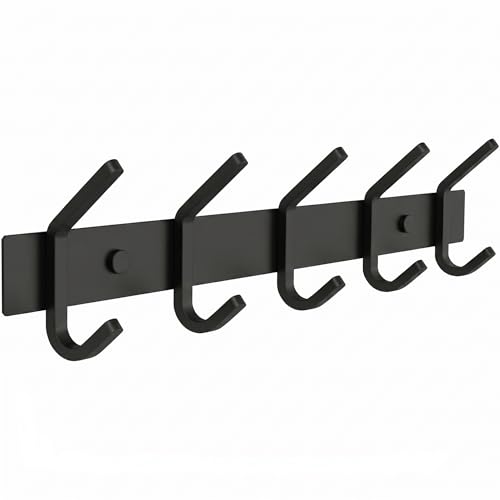 Coat Rack Wall Mount – 15 Inch Stainless Steel Hook Rail with 5 Double Coat Hooks for Hanging – Wall Mounted Entryway Organizer for Coats, Hats, Bags, Towels, Robes, Bedroom or Bathroom - Black - color: Black, size: 5 Hooks - 1 Pack