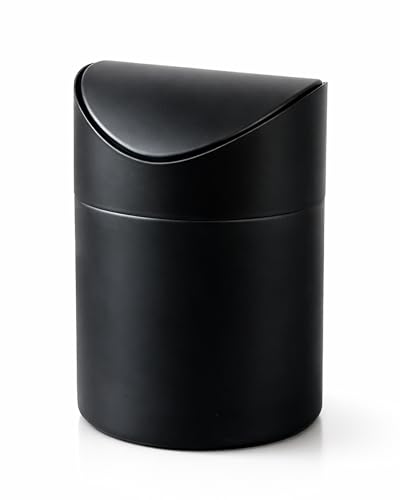 Small Mini Trash Can with Lid, Matte Black Tabletop Garbage Can, Tiny Countertop Trash Can for Coffee Bar & Office Desk, Premium Metal Swing Top Waste Bin for Makeup Vanity, 1.5 L/0.40 Gal (Black) - color: Black
