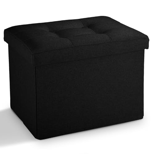 LINMAGCO Small Storage Ottoman Stool Foot Rest Stool Under Desk Stool Short Folding Ottoman Linen Cloth Black 17X13X13IN - color: Black(linen), size: 13"D x 17"W x 13"H
