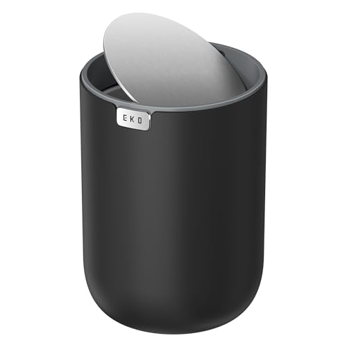 EKO Fandy 0.58 Gal/2.2L Mini Trash Can with Lid, Swing-Top Desktop Trash Can for Bathroom, Countertop, Vanity, Desk or Office, Small Garbage Bin (Black) - color: Black, size: 2.2 Liters