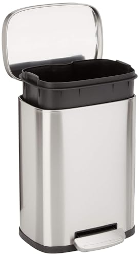 Amazon Basics MINI Trash Can, 1.32 Gallon (5L) Smudge Resistant Rectangular Bin with Soft-Close Lid, Step Foot Pedal, Removable Inner Bucket, Brushed Stainless Steel, for Bathroom, Satin Nickel Finish - size: Mini, 5L/1.32 Gal