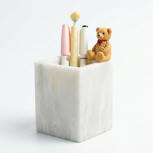 Natural Marble Pen Holder, 2.95" x 3.74" Square Hand-Polished Desk Pencil Cup, Multi-Functional Marble Organizer for Makeup Brushes, Kitchen Utensils, Office, Bathroom, Home Decor - color: White