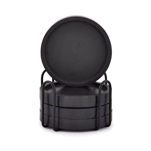 NIRMAN Wooden Coasters for Drinks Coffee Table, Round Drink Coasters with Holder for Tabletop Protection, Set of 4 (4" x 4" x 0.5") (Black)
