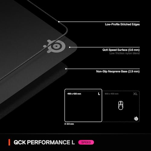 SteelSeries QcK L Performance Speed Gaming Mousepad — Extra Density for a Smooth Glide — Low-Profile Edge Stitching — Non-Slip Neoprene Rubber Base — 16.54 x 19.29 inch — FPS, MOBAs, RTS, MMO - size: Large, style: Speed