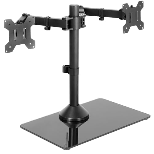 VIVO Freestanding Dual Monitor Stand with Sleek Glass Base and Adjustable Arms, Mounts 2 Screens up to 32 inch and 22 lbs Each, Black, STAND-V002FG - color: Black, size: 13" to 32" Screens