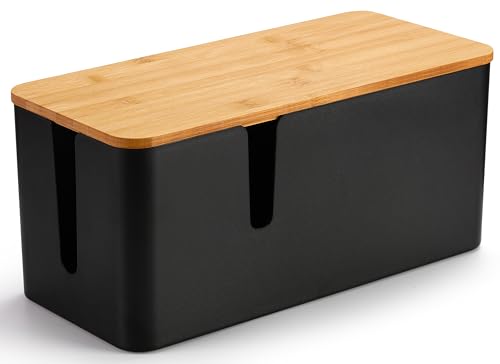 ZhiYo Cable Management Box, Power Strip Organizer, Large, 1 Pack, Black | Fits Power Strips Up to 12.5" Long, Natural Bamboo Lid, Extra-Tall Design for Oversized Adapters, Ideal for Desks, TV Areas - color: Black, size: Large