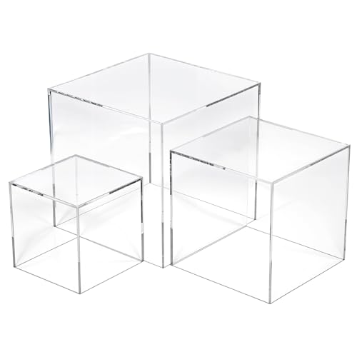 3 Pcs Acrylic Boxes for Display, 3" 4" 5" Small Square Clear Acrylic Cube with Hollow Bottoms, Nesting Riser Display Stand Shelf Food Risers for Buffet Table Dessert Collectibles Jewelry Figures Show