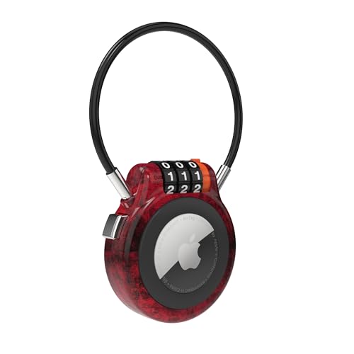 Luggage Lock AirTag Holder with 3 Digit Combination and Steel Cable, Metal Tracker Tag Case Compatible with Apple AirTag, for Suitcase Backpack Stroller Travel Gear Car Vehicles Tracking - color: Retro Red
