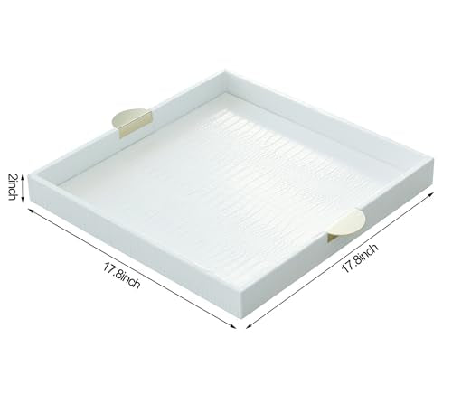 HofferRuffer Faux Leather Decorative Serving Tray, Elegant Coffee Table Ottoman Tray, Breakfast, Drinks, Liquor Serving Platter, White Croco Finish with Gold Hardware Handle (Square) - color: White, size: 17.8" x 17.8" x 2"