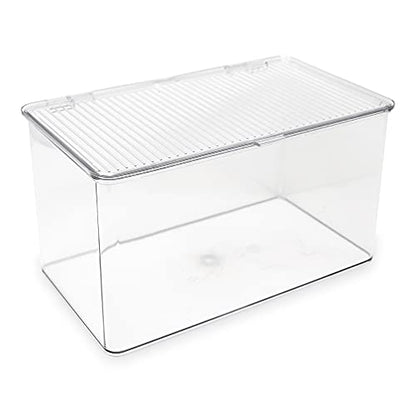Isaac Jacobs Large Stackable Organizer Bin (10.75” x 6.5” x 6.1”) w Hinged Lid Clear Storage Box Home Office School Fridge Bathroom Kitchen Pantry Container BPAFree Food Safe (Large Clear) - size: Large
