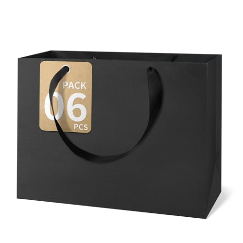 GEGIBOA Black Gift Bags With Handles 6 Pcs, 12.5x4.5x11 Inch Sturdy Kraft Paper Gift Bags, Bulk for Fathers Day, Wedding, Party, Birthday, Business and Shopping, Valentine's Day, Large Size - size: Black-L-6pcs