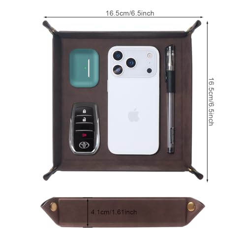 Valet Tray Desktop Storage Organizer – Premium PU Leather Catchall Bedside Vanity Tray Nightstand Caddy Holder for Remote Controller, Keys, Phone, Wallet, Coin, Jewelry,Brown - color: Brown