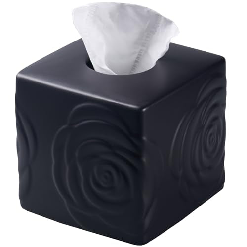 Black Ceramic Rose Tissue Box Cover, Carved Flowers Large Square Tissue Box Holder Decorative for Bathroom, Vanity, Kitchen Countertop, Bedroom Night Stands, Office Desk Top - color: Black
