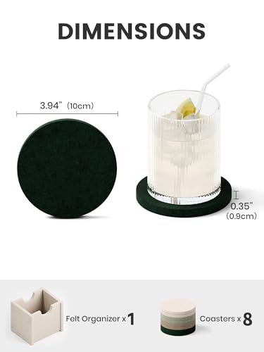 Fluxynara Felt Coasters for Drinks, Set of 8 Absorbent Coasters with Holder, Heat-Resistant & Reusable Round Design for Coffee Table & Living Room, 3.94 Inch, Nordic Moss - color: Nordic Moss, size: Round - 8 Count