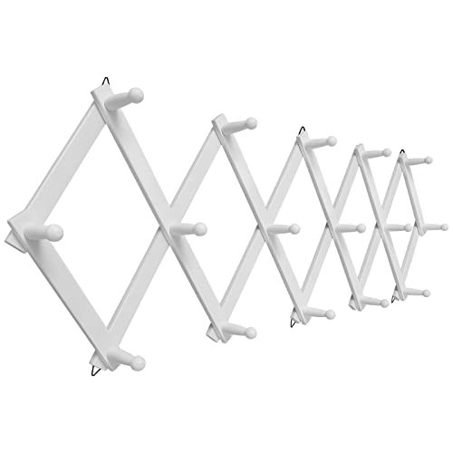 SCUNDA Accordion Wall Hanger with 16 Hooks, Wooden Coffee Mug Rack for Wall, Expandable Accordion Hook Rack Wall Mounted for Mug, Tea Cup, Purse,Coat, Hat, Cap(White) - color: White, size: 16 Hooks
