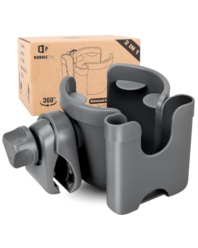 Universal Stroller Cup Holder with Mobile Phone Case, 2-in-1 Strollers Storage Rack, 360 Degrees Rotation Drink Holder for Bike, Pushchair, Wheelchair, Walker,Bicycle, Fits Most Cups (Gray) - color: GRAY