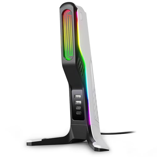 RGB Gaming Headset Stand with 2 USB and 1 Type-C Ports, Game Headphone Mount for PC Computer, Xbox One, Xbox Series S/X, PS5, PS4, Earphone Holder Hanger, Desk Gamer Accessories, Black&White