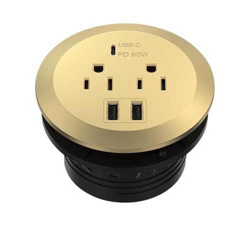 TOPGREENER GaN Desk Grommet with 65W PD for MacBook, Desktop Power Grommet with 1 Fast Charging USB-C Port, 2 USB-A Ports and Duplex Receptacles, TTRP48APD60-GD, Gold - color: Gold