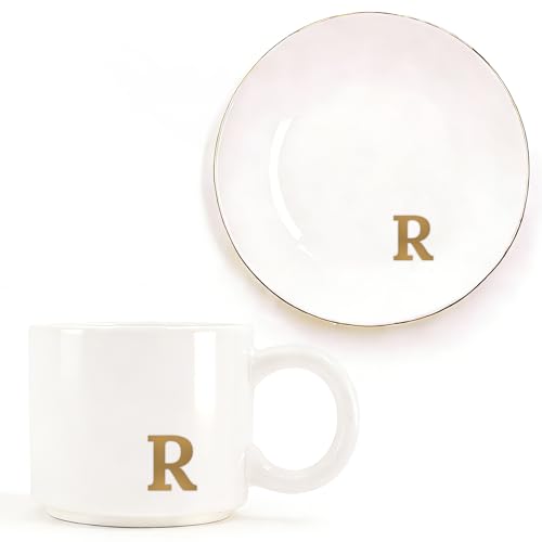 RainVibe Elegant Gift Set for Women – Personalized Monogram Ceramic Mug & Jewelry Tray – 12 oz Gold-Initial Coffee Cup with Gift Box, 4.75" Decorative Dish for Rings, Earrings, Keys (Letter R) - color: Letter R