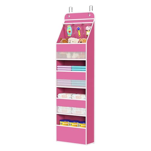 Univivi 5-Shelf Fabric Door Storage Over Door Hanging Organizer with 4 Large Pockets and 3 Small PVC Pockets Nursery Closet Cabinet Wall Mount Hanging Storage Organizers for Baby Nursery (Pink) - color: Pink, size: 5 LAYER