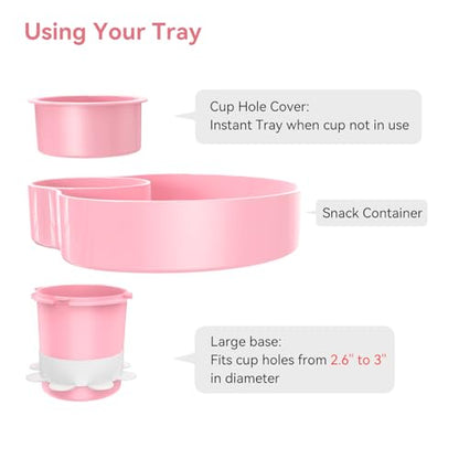 Car Seat Snack Tray: Travel Tray for Kids Carseat Cup Holder with Food Trays, Stroller Snacks Plate for Toddlers, Kid Road Trip Essentials, Pink - color: Pink