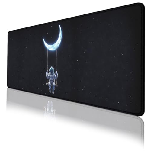 Moon Mouse Pad Astronaut Swing Night Large Desk Mat Waterproof Stitched Edges Rubber Base Non-Slip Deskmap Computer Keyboard Mat Office Computer Keyboard Laptop 31.5"x11.8" - color: Moon
