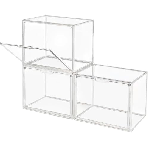 GUDEMAY Clear Stackable Plastic Storage Bins with Magnetic Lid, Dustproof Book & Cosmetic Acrylic Display Cases, Large Figures Collectibles Showcase, Shoe Box, Protection Organizer (L, Count, 3) - size: L