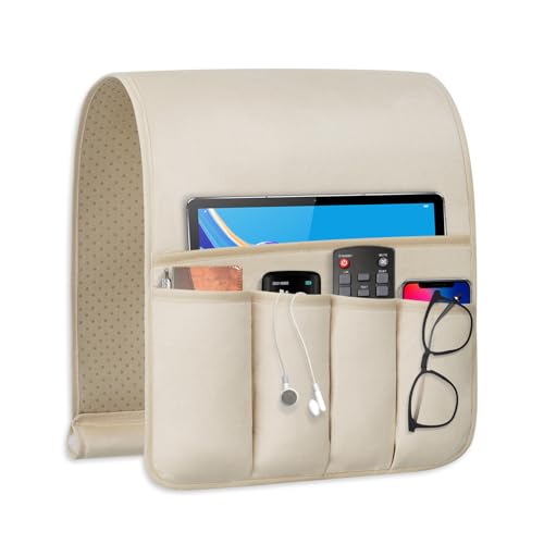 TV Remote Control Holder Couch Caddy, Non-slip Bedside Caddy Organizer with 5 Pockets for Key Glasses Phone Magazine Holders (Beige, 35"x12.4") - color: Beige, size: 35"x12.4"