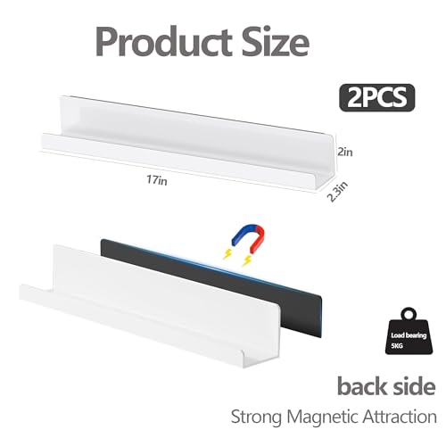 2 Pack Magnetic Bookshelf for Whiteboard, 17 Inch Heavy Duty Metal Shelf Holds 12.5 lbs, White Magnetic Book Display Shelf for Classroom, Office, Kitchen