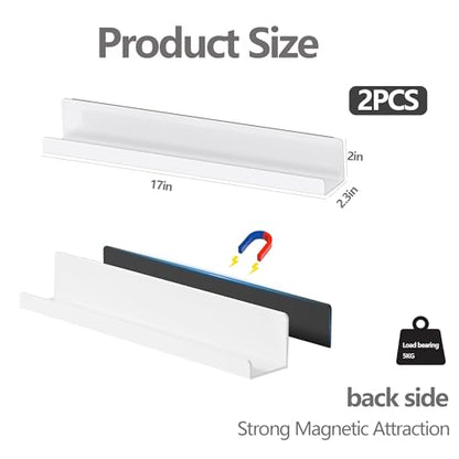 2 Pack Magnetic Bookshelf for Whiteboard, 17 Inch Heavy Duty Metal Shelf Holds 12.5 lbs, White Magnetic Book Display Shelf for Classroom, Office, Kitchen