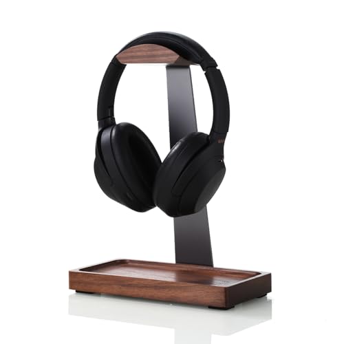 Walnut Headphone Stand, Wooden Headset Stand for Desk, Wood Gaming Headphone Holder with Storage Base for Airpod max, Bose, Razer, Sennheiser, Jabra, JBL, AKG, Vintage Gift for Men, Grey - color: Grey