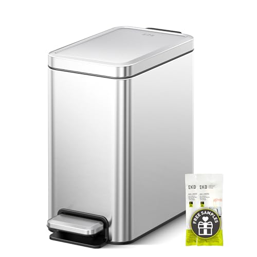 EKO Small Bathroom Trash Can with Lid Soft Close, Step Pedal, 6 Liter / 1.6 Gallon Stainless Steel Garbage Can with Removable Inner Bucket, Anti-Fingerprint Finish (Silver) - color: Stainless Steel, size: 6L