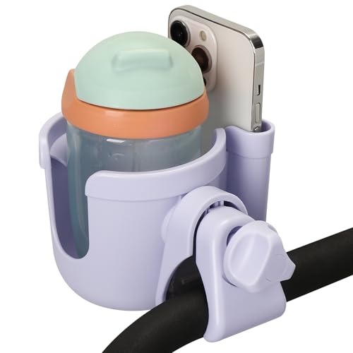 Accmor Stroller Cup Holder with Phone Holder, Bike Cup Holder, Universal Cup Holder for Uppababy Nuna Doona Strollers, 2-in-1 Cup Holder for Walker, Wheelchair, Scooter - color: All Orchid Purple