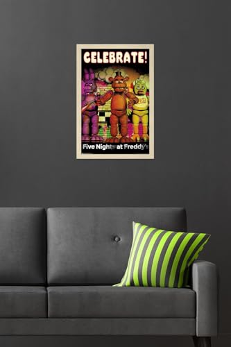 Five Nights at Freddy's - Celebrate Wall Poster, 22.4L" x 14.7W", Blonde Framed Version - color: Blonde Framed Version, size: 22.4"L x 14.7"W