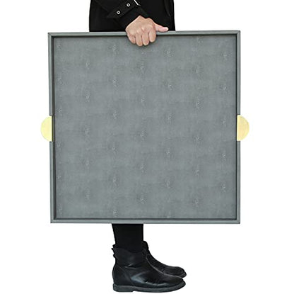 HofferRuffer Extra Large Square Serving Tray, Elegant Faux Leather Ottoman Tray with Gold Hardware Handles, Serve Tea, Coffee or Breakfast in Bed, 23.6 x 23.6 inches (Large Square) - color: Dark Grey, size: 23.6" x 23.6" x 2"