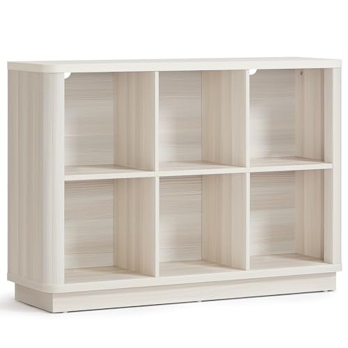 Joaxswe 6 Cube Bookcase, 40" Wide Horizontal 2-Tier Book Shelf w/Curved Edge, Wood Low Floor Standing Bookshelf with Base, Modern Short Storage Organizer for Living Room,Office, Gray-White Cream Oak - color: Gray-white Cream Oak, size: 6 Cube (11.81"D x 4